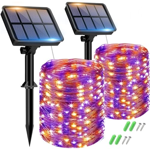 btfarm Solar Lichterkette Aussen, 2x15M 150 LED Solarlichterkette Außen Wetterfest 8 Modi IP65 Wasserdicht Kupferdraht Lichterkette Außen Solar Outdoor für Garten Terrasse Halloween (Orange-Violett) von btfarm