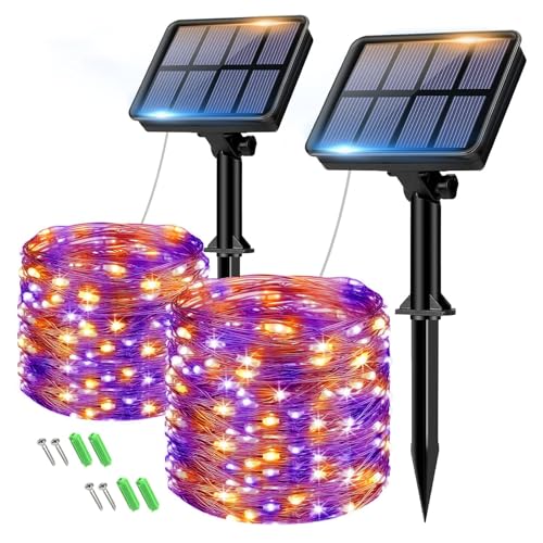 btfarm Solar Lichterkette Aussen, 2x8M 80 LED Solarlichterkette Außen Wetterfest 8 Modi IP65 Wasserdicht Kupferdraht Lichterkette Außen Solar Outdoor für Garten Terrasse Halloween (Orange-Violett) von btfarm