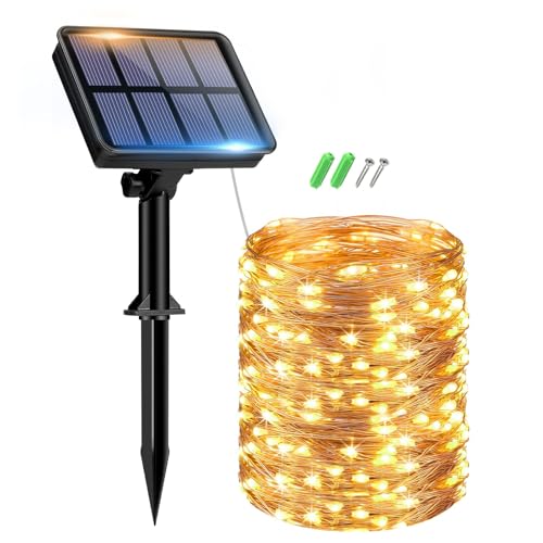 btfarm 1 Stück Solar Lichterkette Aussen, 15M 150 LED Lichterkette Solar Außen Wetterfest, 8 Modi solarlichterkette Outdoor Wasserdicht kupferdraht für Garten Balkon Terrasse Hof Party Deko, Warmweiß von btfarm