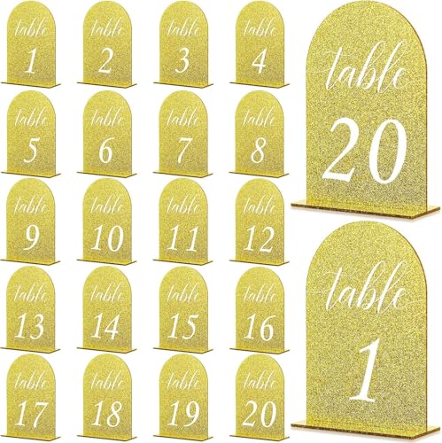 Glitzernde Tischnummern 1–20, Acryl, Hochzeitstischnummern mit Ständer, 12,7 x 17,8 cm, Tischnummernhalter, glitzernde Tischschild-Zahlen für Hochzeitsempfang, Event, Party, goldfarben, 20 Stück von buddycabin