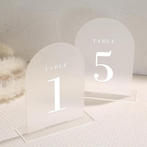 Tischnummern aus mattiertem Bogen aus Acryl für Hochzeitsempfang, 12,7 x 17,8 cm, weiße Schrift, Tischnummern, Tafelaufsatz, Set mit Halter und Tischkopf, Tischschild – Jahrestag, Event, Party (matt von buddycabin