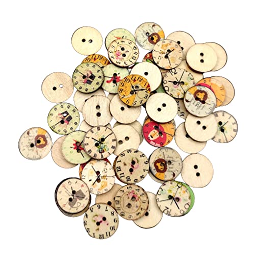 budiniao 100 Stück Holzknöpfe Zwei Löcher Uhren Malen Retro Stil Verschlüsse Heimbedarf DIY Handwerk Knopf zum Nähen, 20mm von budiniao