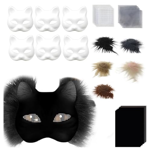 budiniao Bastelset für Katzenmasken aus Kunstpelz mit Augennetz und Edelsteinaufkleber, Papierset, Leere Katze mit Stoffblatt, Kunstaugennetz zum Selbermachen, B von budiniao