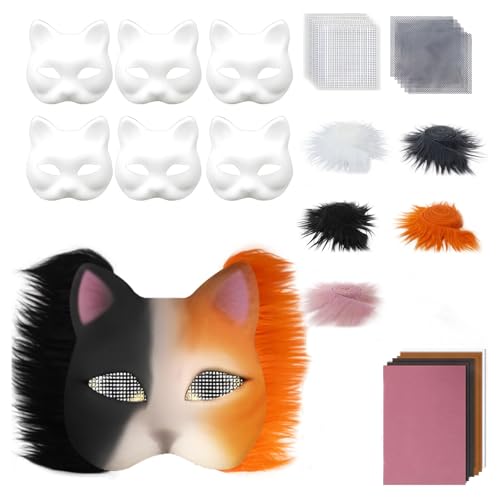 budiniao Bastelset für Katzenmasken aus Kunstpelz mit Augennetz und Edelsteinaufkleber, Papierset, Leere Katze mit Stoffblatt, Kunstaugennetz zum Selbermachen, E von budiniao