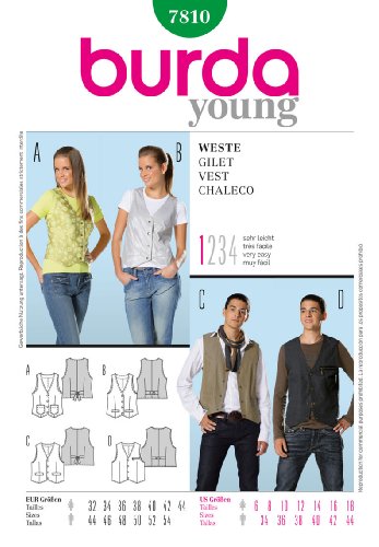 Burda Young Schnittmuster #7810 Damen & Herren Weste Gr. D 32-44/ H 44-54), Näh-Level 1 super easy von burdastyle