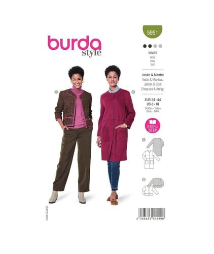 Burda Schnittmuster, 5951, Jacke und Mantel selber nähen [Damen, Gr. 34-44] Level 2 für Anfänger von Burda