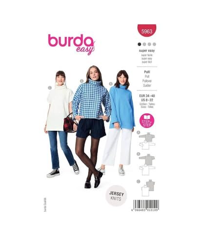 Burda Schnittmuster, 5963, Rollkragenpullover selber nähen [Damen, Gr. 34 - 48] Level 1 für Anfänger von burdastyle