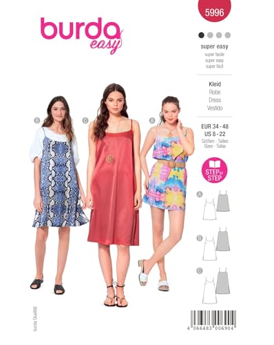 Burda Style Katalog-Schnittmuster A-Linien Kleider mit Spaghettiträgern | Damen, Gr. 34-48 | Nählevel: Sehr leicht #5996 von Burda