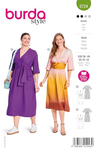 burda style Schnittmuster Damen #5724 Midikleid mit Wickeleffekt & Kleid mit Kummerbundoptik Gr. 36-48 von burdastyle