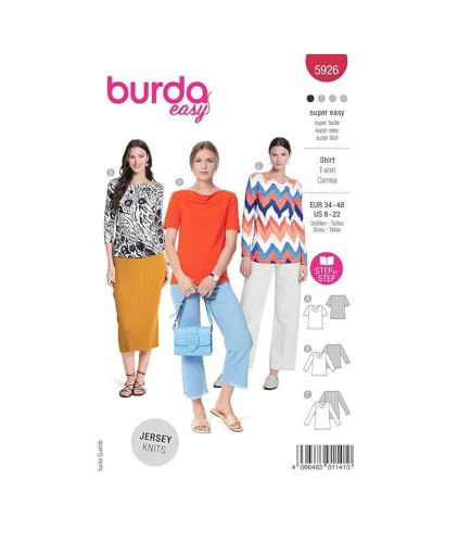 burdastyle Schnittmuster 5926 | Shirts mit Wasserfallausschnitt zum selber nähen | Damen, Gr. 34-48 | Nählevel: sehr leicht von burdastyle