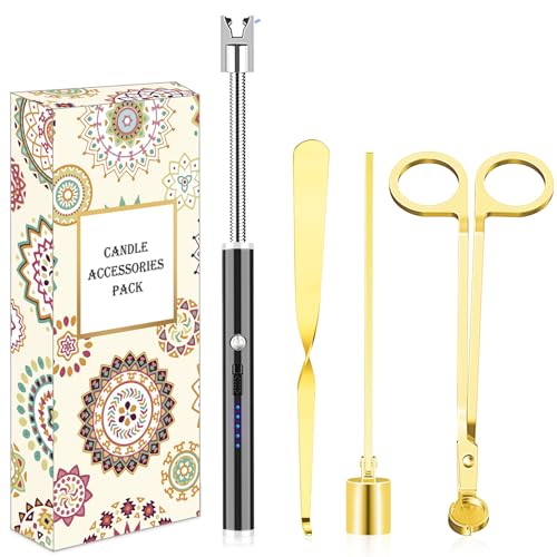 burtok Goldfarbenes 4-in-1-Kerzenpflegeset, Kerzendocht-Trimmer-Set, Kerzenanzünder-Set, Kerzenlöscher, Kerzendochtlöffel, Edelstahl-Kerzen-Zubehör-Set für Kerzenliebhaber von burtok