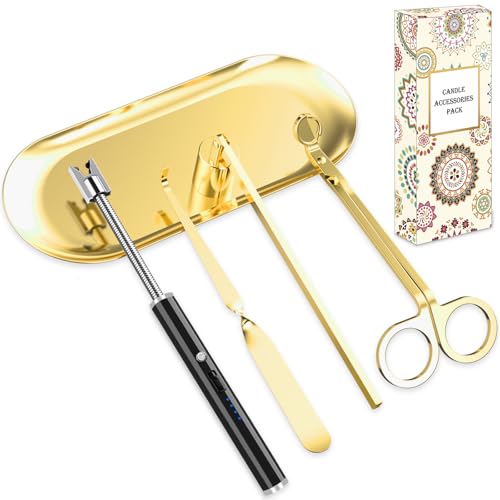 burtok Goldfarbenes 5-in-1-Kerzenpflegeset, Kerzendocht-Trimmer-Set, Kerzenanzünder-Set, Kerzenlöscher, Kerzentablett, Kerzendochtlöffel, Kerzenzubehör-Set für Kerzenliebhaber von burtok