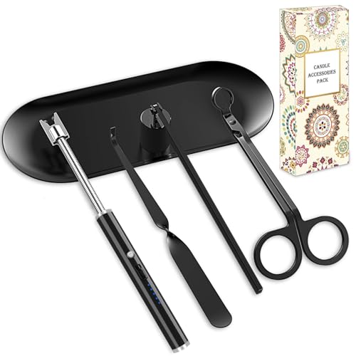 burtok Schwarz 5 in 1 Kerzenpflegeset, Elegantes Kerzendocht-Trimmer-Set, Kerzenanzünder-Set, Kerzenlöscher, Kerzentablett, Kerzendochtlöffel, Kerzenzubehör-Set für Kerzenliebhaber von burtok