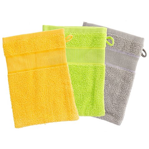 3er-Pack buttinette Walk-Frottier-Waschhandschuh, gelb, lemon, grau von buttinette