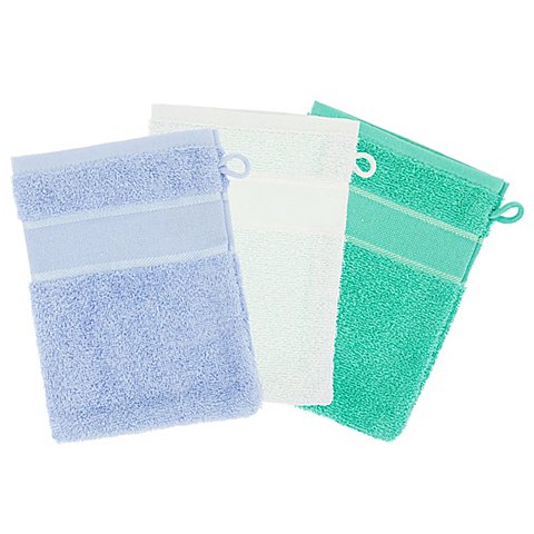 3er-Pack buttinette Walk-Frottier-Waschhandschuh, mint/smaragd/blau von buttinette