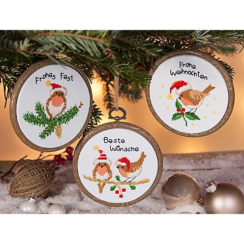 buttinette Miniatur-Stickbilder "X-Mas Grüße", Ø 10 cm, 3er-Set von buttinette