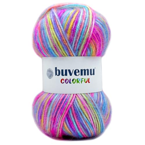 Buntes selbststreifendes mehrfarbiges flauschiges Garn mit dezentem Glanz, 56 % Polyester, 44 % Acryl, je 100 g (230 m) (Regenbogen – Blau, Lila, Grün, Gelb, Orange, Rosa) von buvemu