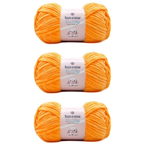 Kuscheliges Samt-Chenille-Garn, super weich, flauschig, sperrig zum Stricken, Häkeln, Decke Amigurumi, langlebig zum Ausfallen, 100 g, 100 m (Mandarine) (3 Knäuel) von buvemu