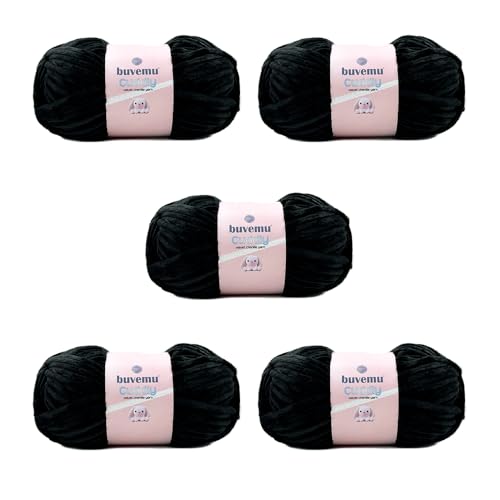 Kuscheliges Samt-Chenille-Garn, super weich, flauschig, sperrig zum Stricken, Häkeln, Decke Amigurumi, langlebig zum Ausfallen, 100 g (100 m) (schwarz) (5 Knäuel) von buvemu