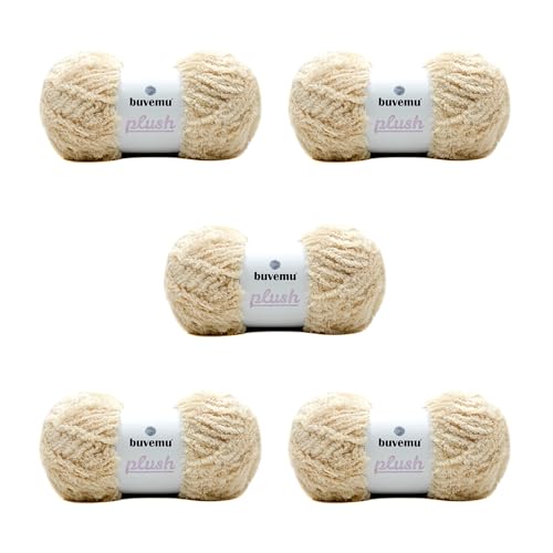 Plüsch-Kunstfell, sperriges Garn, super weich, flauschig, flauschig, zum Stricken, Häkeln, Basteln, 100 g, 100 m (Hellbeige) (5 Knäuel) von buvemu