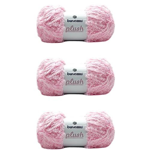 Plüsch-Kunstfell, sperriges Garn, super weich, flauschig, zum Stricken, Häkeln, Basteln, 100 g, 100 m (Hellrosa) (3 Knäuel) von buvemu