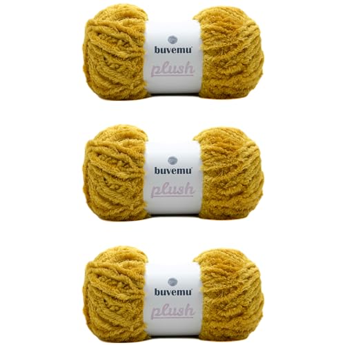 Plüsch-Kunstfell, sperriges Garn, super weich, flauschig, zum Stricken, Häkeln, Basteln, 100 g, 100 m (Senf) (3 Knäuel) von buvemu