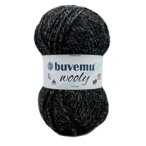 Wooly Soft Fluffy Bulky Weight #5 Wollmischgarn, schnelles Stricken, Häkelgarn, 25 % Wolle, 75 % Acryl, 100 g, 100 m (Schwarz Melange) von buvemu