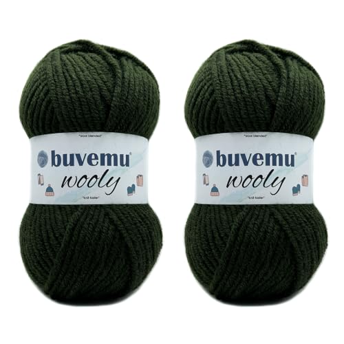 Wooly Soft Fluffy Bulky Weight #5 Wollmischgarn, schnelles Stricken, Häkelgarn, 25 % Wolle, 75 % Acryl, 100 g, 100 m (dunkles Olivgrün) (2 Knäuel) von buvemu