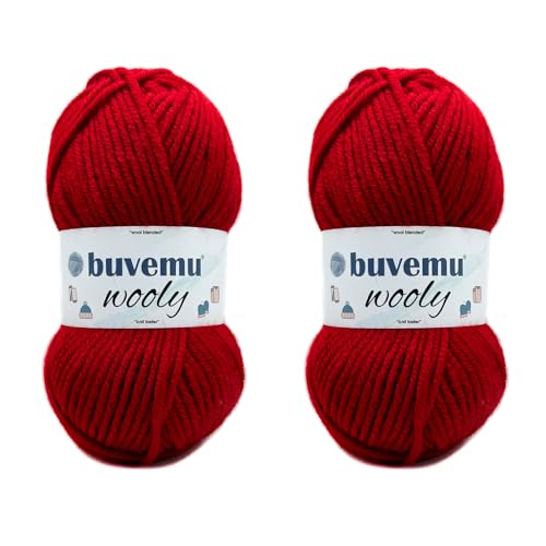 Wooly Soft Fluffy Bulky Weight #5 Wollmischgarn, schnelles Stricken, Häkelgarn, 25 % Wolle, 75 % Acryl, 100 g, 100 m (rot) (2 Knäuel) von buvemu