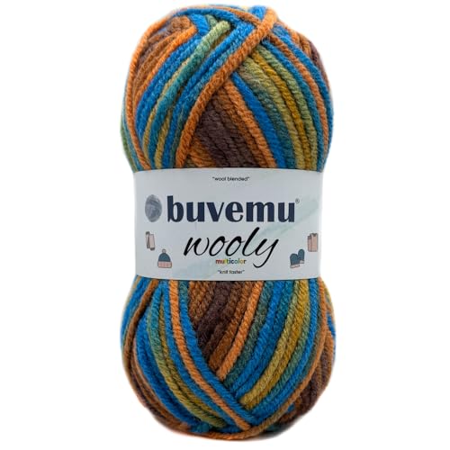 Wooly Wollmischgarn, 25 % Wolle, 75 % Acryl, 100 g, 100 m, Blau, Orangetöne, Moos, Senf, mehrfarbig von buvemu