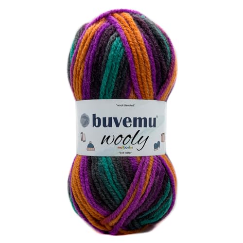 Wooly Wollmischgarn, 25 % Wolle, 75 % Acryl, 100 g, 100 m, Violetttöne, Orange, Grau, Smaragd, mehrfarbig von buvemu