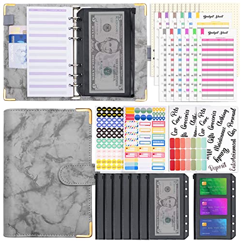 A6 Binder Budget Notizbuch-PU Leder Budget Planner Deutsch,Finanzplaner Cash Stuffing Haushaltsbuch mit Geldfacher,Budget Planer Geld Sparen Mappe Geld für Reisen und Tagebuch (Marmor Grau) von buways