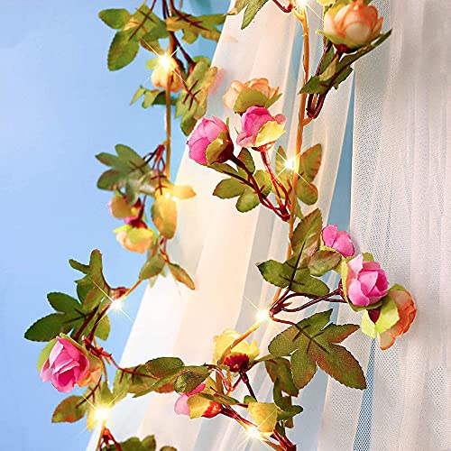 BuyWin Rose Bud Garland Fairy String Lights Artificial Flower LED Garland String Lights Battery Powered Ivy Light Strings for Christmas Wedding Bouquets Party Home Windows (Pink) von buywin