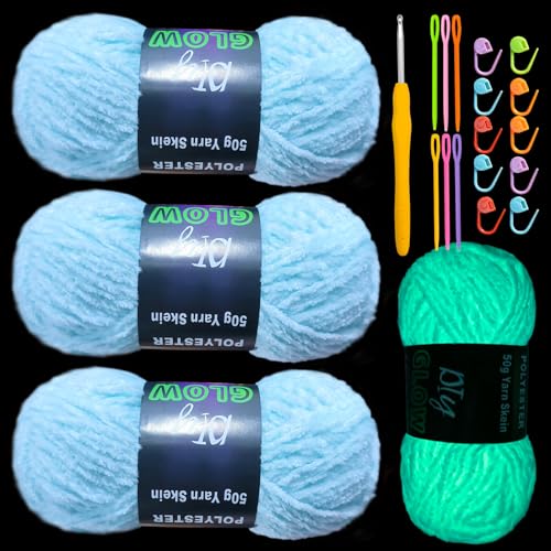 Chenille-Garn, leuchtet im Dunkeln, Anfängergarn zum Häkeln, Basteln, Weben, weiches Chenille-Garn, 50 g/Rolle, 70 m (Himmelblau), 3 Stück von caichuxiye