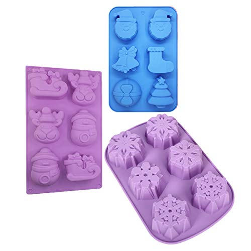 3 Stück Weihnachts Silikonformen,Seifen Schokoladen Cake Pudding Jelly Mould,mit Form von Schneeflocke/Schneemann/Rentier/Schlitten/Weihnachtsmann/Glocken,je 6 Hohlräume - Drei Arten,Zufällige Farben von cailiya