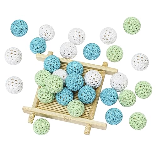 30Pcs Bunt Runde Gehäkelt Holzperlen mit Loch,Hölzerne Häkelperlen,Gehäkelte Holzperlen mit Loch 16mm,Für DIY Stricken,Halskette,Armband, Dekorationen,3 Farben (weiß blau grün) von cailiya