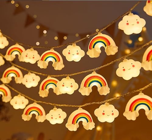 Stern Regenbogen Lichterkette,Lichterkette Kinderzimmer,3m,mit 20 LED Lichterkette,Stern Cloud Regenbogen Gesichtsform,für Weihnachten Party Kinderzimmer Garten Hochzeits Zimmer Deko (Warmweiß) von cailiya