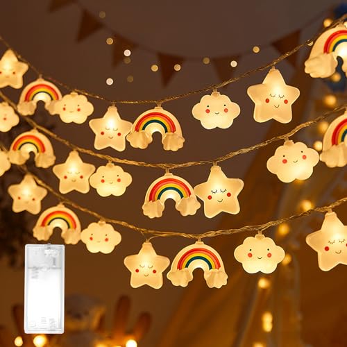 cailiya Stern Regenbogen Lichterkette,Lichterkette Kinderzimmer,3m,mit 20 LED Lichterkette,für Party Kinderzimmer Garten Hochzeits Zimmer Deko (Warmweiß (Sterne + Wolken + Regenbogen)) von cailiya