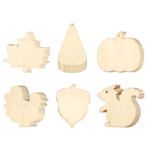 CANDEOLA 60 Stück 10,2 cm unlackierte Holzausschnitte Ornamente Holzscheiben DIY blanko hängende Handwerk für Thanksgiving Herbst Ernte Party Dekorationen Geschenke (10 cm, 6 Formen, 10 Stück/Form) von candeoLA