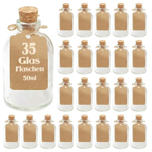 casavetro 35 x 50 ml kleine Glas-Fläschchen mit Kork Deckel Glasflaschen für Hochzeit Geschenke set Gastgeschenke (35 Stück- inkl.alles) von casavetro