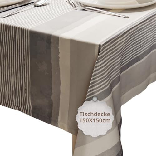 casaviva® Wasserabweisende Tischdecke aus Satin, extra weich, schmutzabweisend, leicht zu bügeln, Partys und Bankette, für Innen- und Außenbereich (Graue Bänder, 150x150 cm) von casaviva