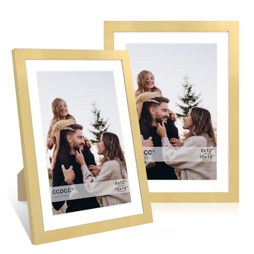 ccdcc 10x14 Bilderrahmen 2er Set 10x14 Holz Fotorahmen mit Passepartout für 8x12 oder 30x40cm Diamant Malerei Kunst Holzrahmen mit Echtglasabdeckung für Wand und Tischplatte Display Gold von ccdcc