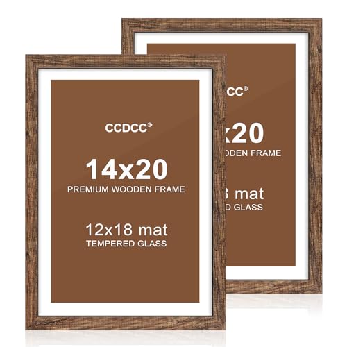 ccdcc 14x20 Posterrahmen 2er Set, 14x20 Holz Bilderrahmen mit Passepartout für 12x18, Holz Fotorahmen mit gehärteter Glasabdeckung für Wandmontage Display, Braun von ccdcc