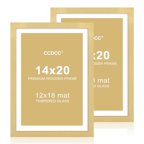 ccdcc 14x20 Posterrahmen 2er Set, 14x20 Holz Bilderrahmen mit Passepartout für 12x18, Holz Fotorahmen mit gehärteter Glasabdeckung für Wandmontage Display, Gold von ccdcc