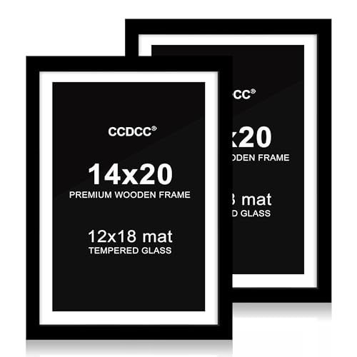 ccdcc 14x20 Posterrahmen 2er Set, 14x20 Holz Bilderrahmen mit Passepartout für 12x18, Holz Fotorahmen mit gehärteter Glasabdeckung für Wandmontage Display, Schwarz von ccdcc