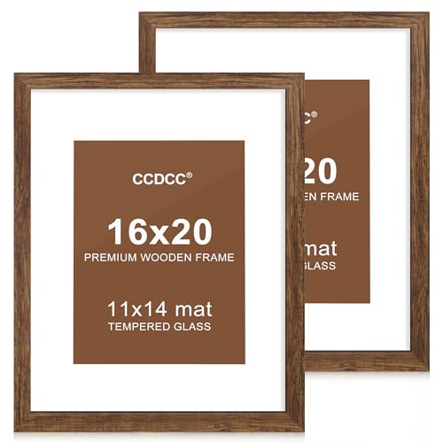 ccdcc 16x20 Posterrahmen 2er Set, 16x20 Holz Bilderrahmen mit Passepartout für 11x14, Holz Fotorahmen mit gehärteter Glasabdeckung für Wandmontage Display, Braun von ccdcc