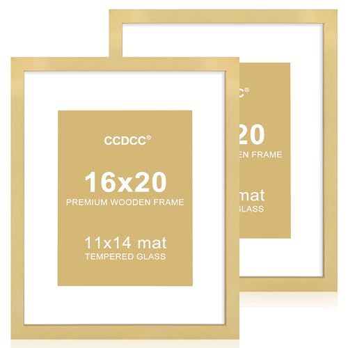 ccdcc 16x20 Posterrahmen 2er Set, 16x20 Holz Bilderrahmen mit Passepartout für 11x14, Holz Fotorahmen mit gehärteter Glasabdeckung für Wandmontage Display, Gold von ccdcc