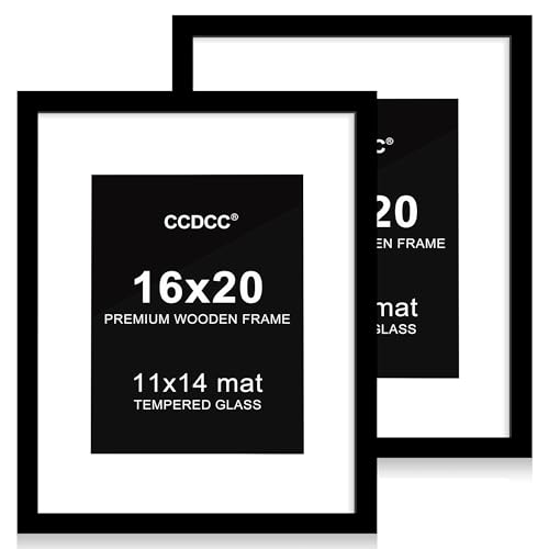 ccdcc 16x20 Posterrahmen 2er Set, 16x20 Holz Bilderrahmen mit Passepartout für 11x14, Holz Fotorahmen mit gehärteter Glasabdeckung für Wandmontage Display, Schwarz von ccdcc