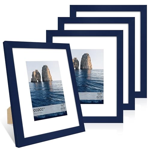 ccdcc 20,3 x 25,4 cm Bilderrahmen 4er Set 8x10 Holz Fotorahmen mit Passepartout für 12,7 x 17,8 cm, Natur-Holzrahmen mit Echtglasabdeckung für Wand und Tisch-Display, Blau von ccdcc