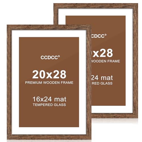 ccdcc 20x28 Posterrahmen 2er Set, 20x28 Holz Bilderrahmen mit Passepartout für 16x24, Holz Fotorahmen mit gehärteter Glasabdeckung für Wandmontage Display, Braun von ccdcc